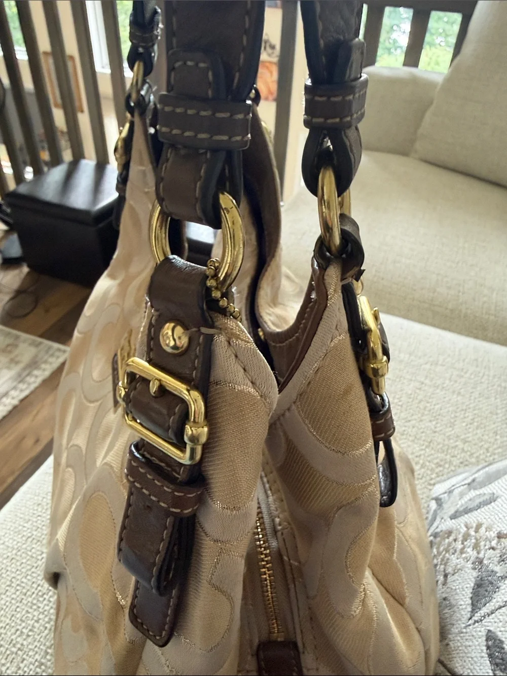 Vintage Coach Beige Signature Canvas Shoulder Bag with Brown Leather Trim